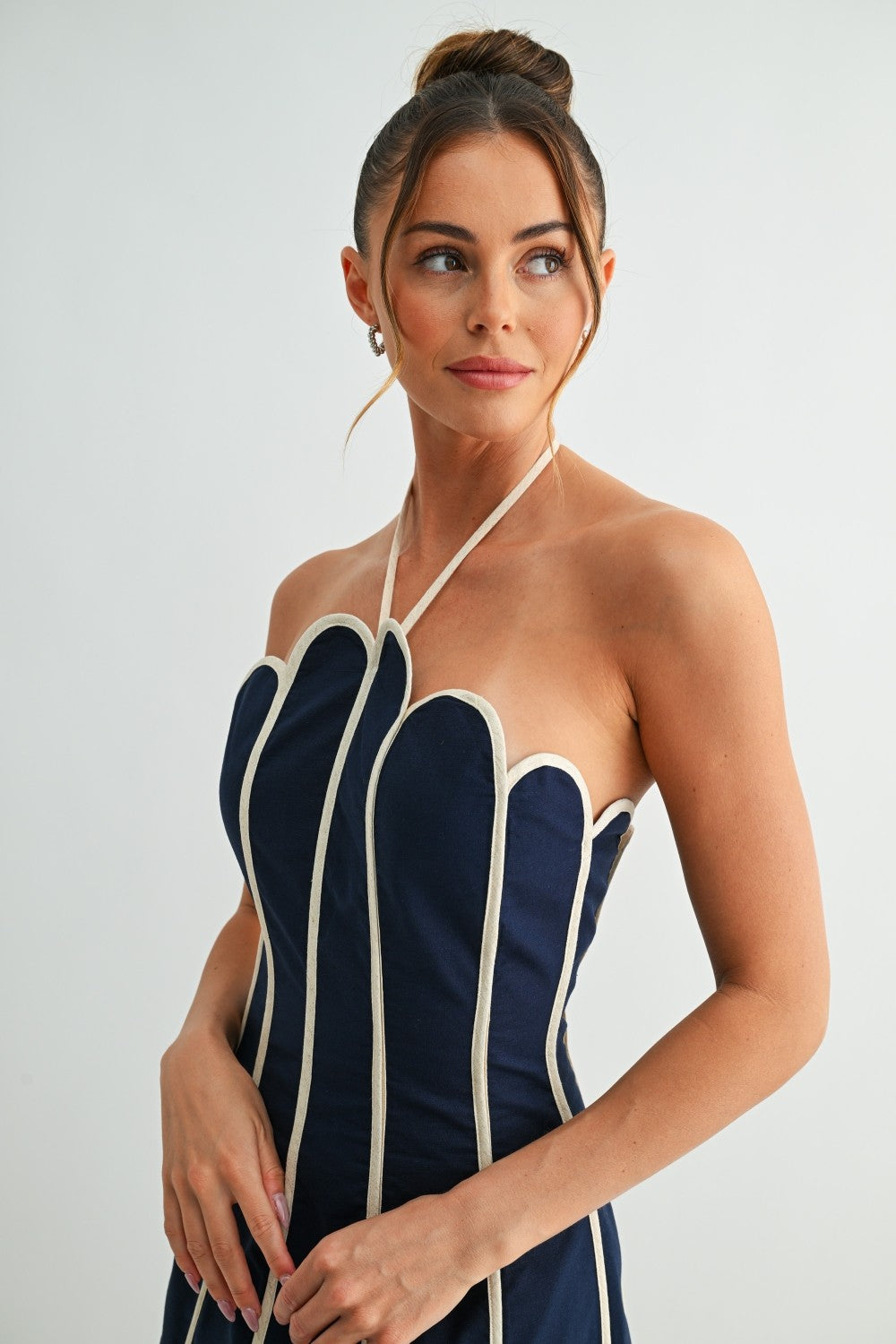 Scalloped Halter Neck Mini Dress- Navy