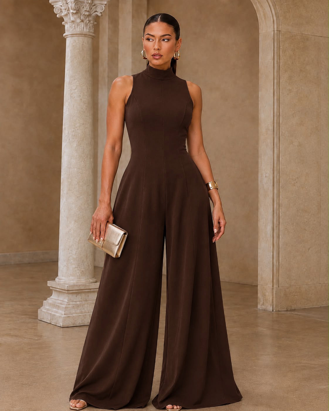 Elegant Wide Leg Open Back Jumpsuit- Brown