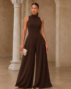 Elegant Wide Leg Open Back Jumpsuit- Brown