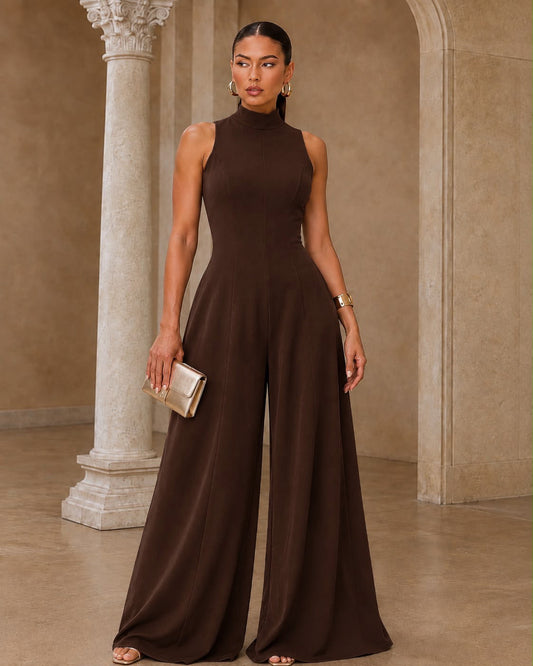 Elegant Wide Leg Open Back Jumpsuit- Brown
