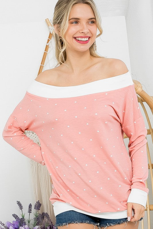 BLUSH POLKA DOT OFF SHOULDER TUNIC TOP