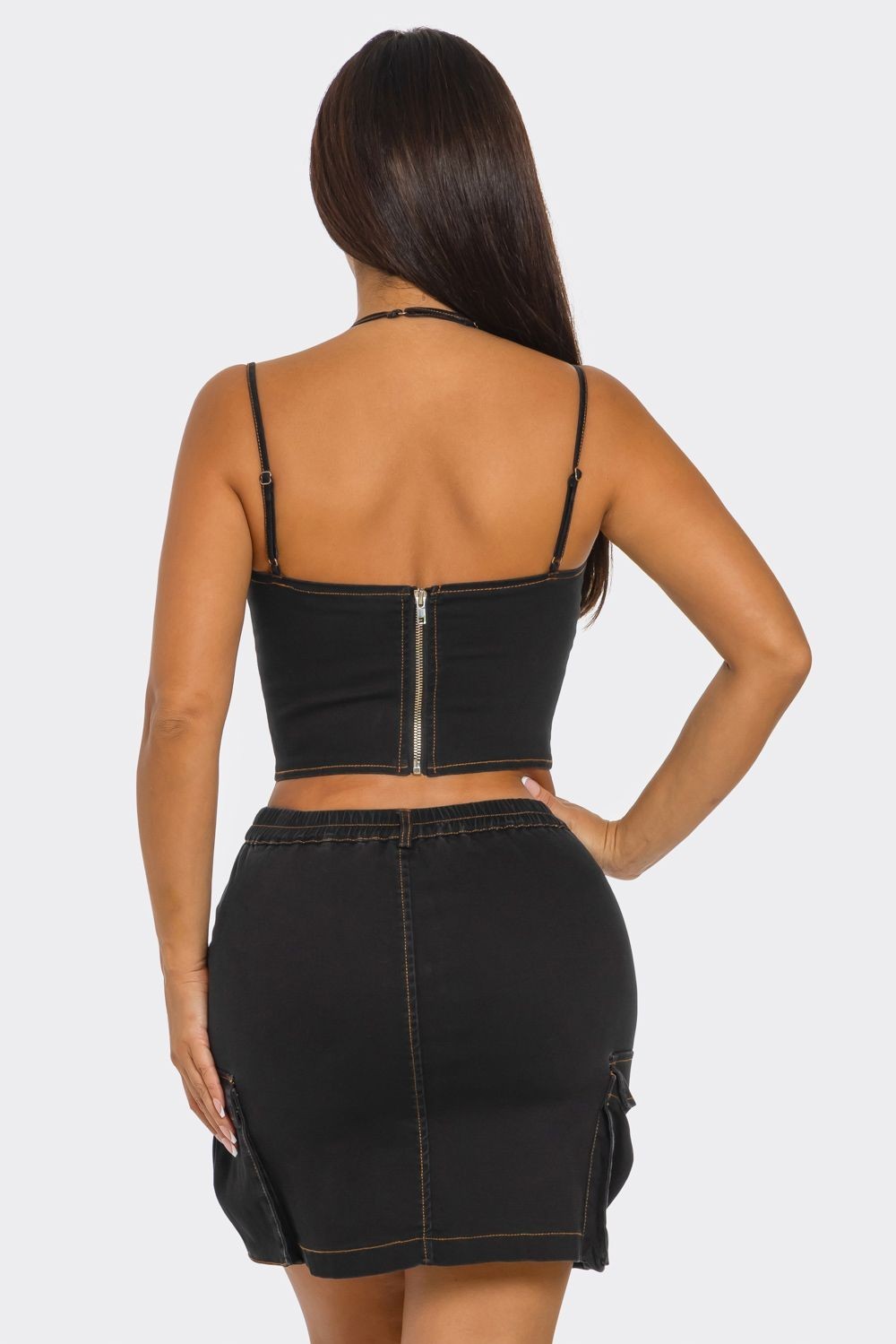 Bringing the Fun Denim Mini Skirt, Cropped Top , & Jacket Set- Brown