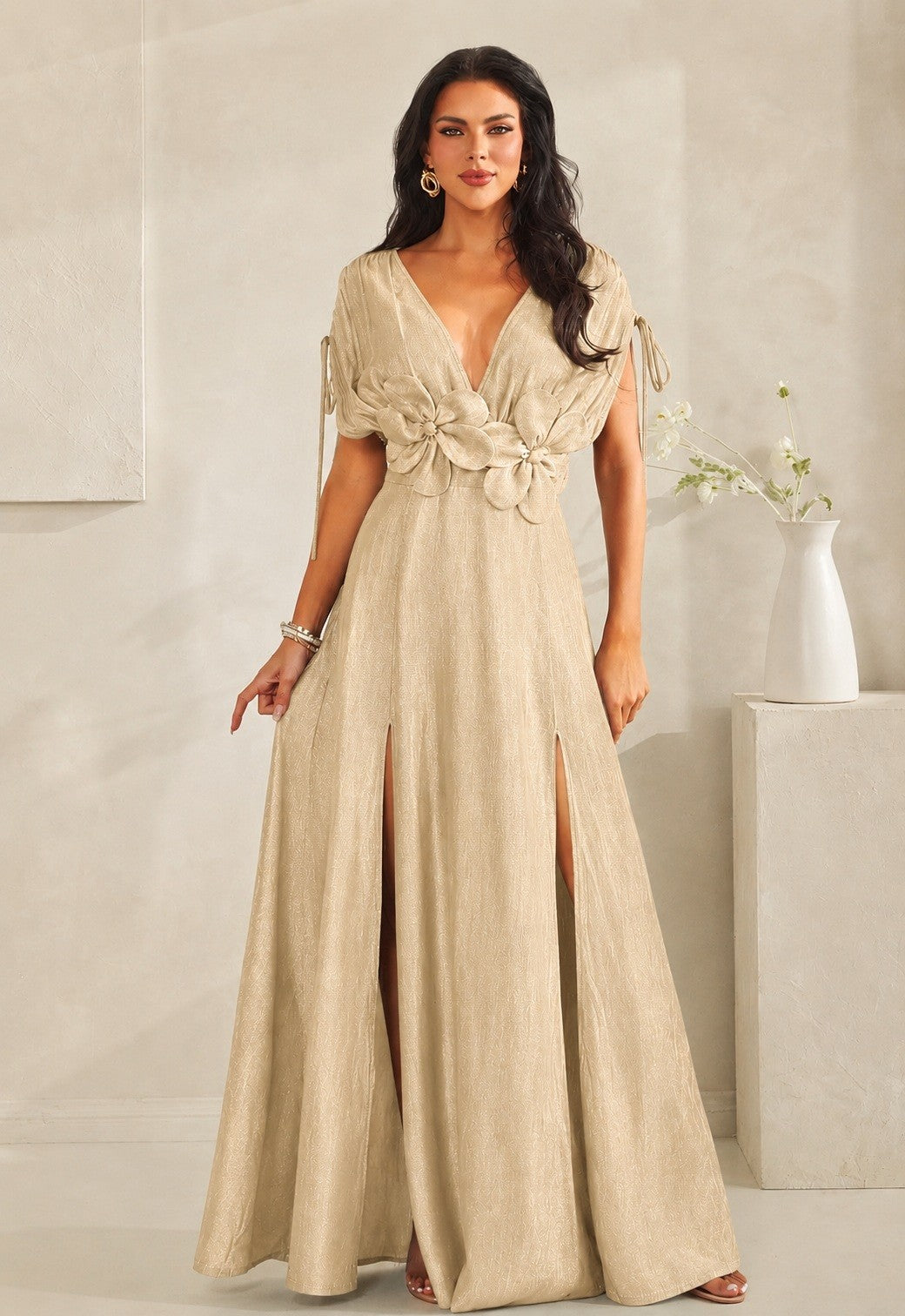 Flowers of Elegance Maxi Double Slit Dress- Cream