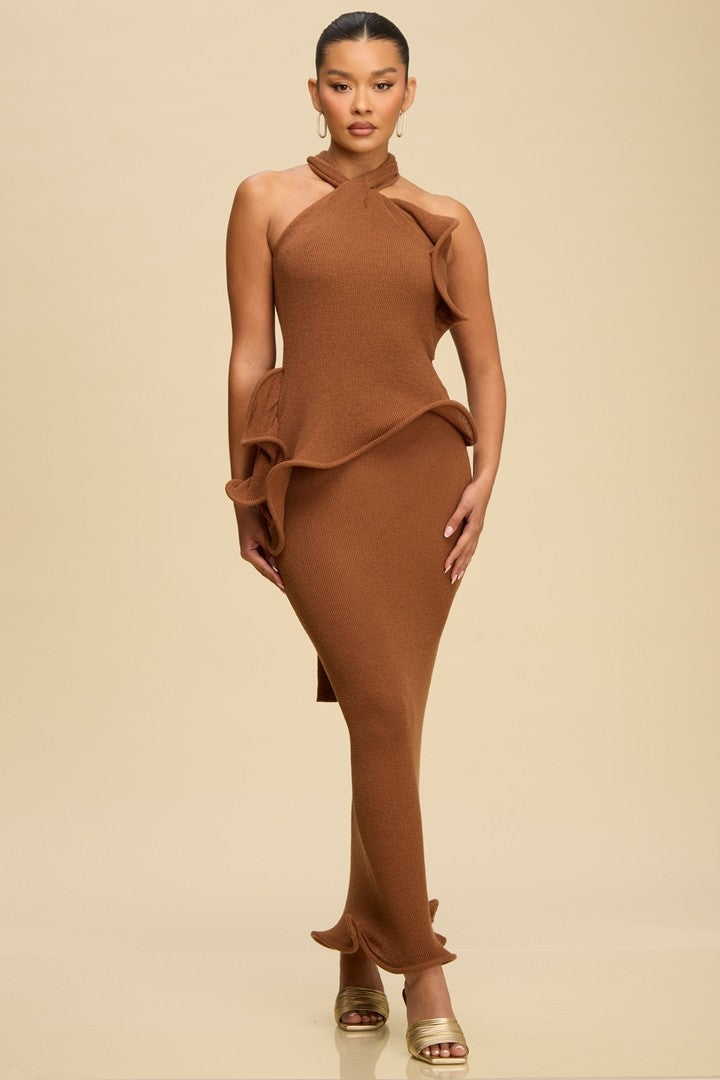 Knit Ruffle Halter Maxi Dress-Brown