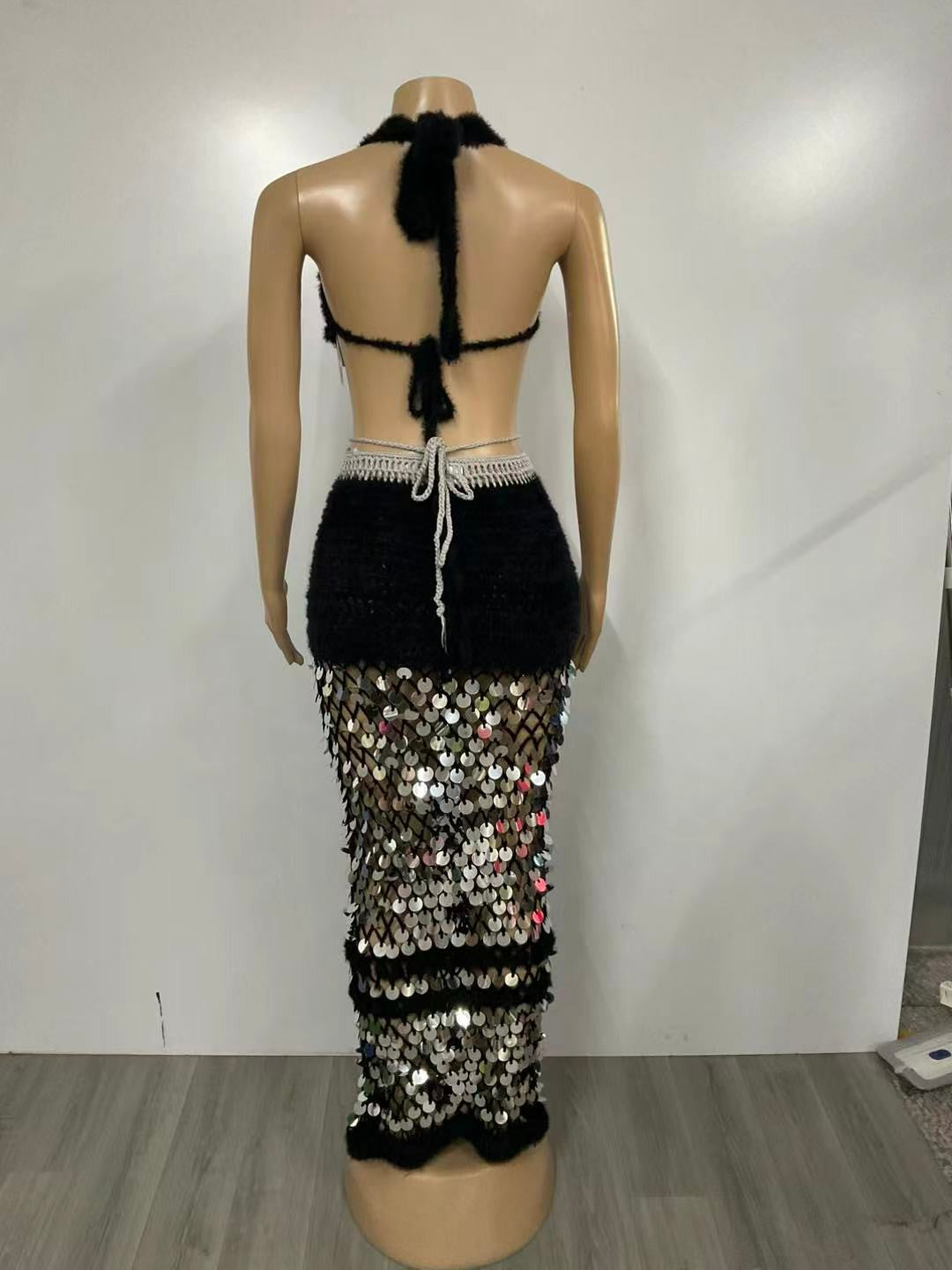 Plush Flur & Sequin Skirt Set- Black