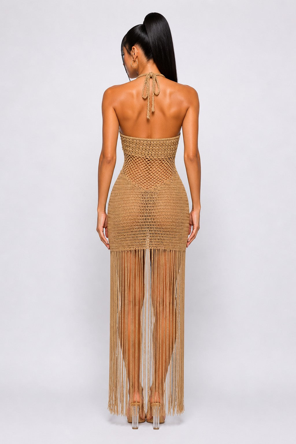 Crochet Fringe Resort Wear/Swimwear Coverup Dress- Khaki
