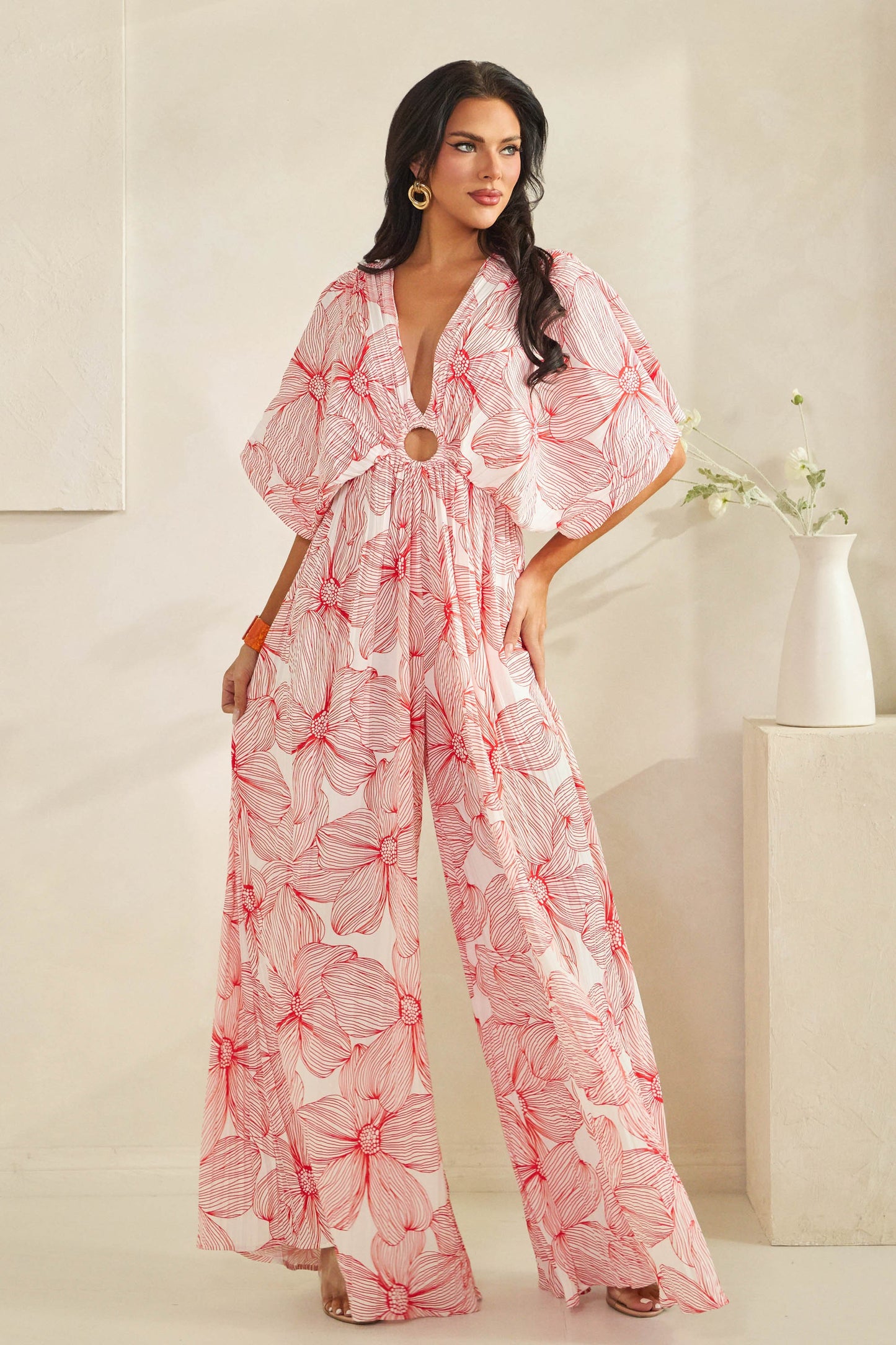 V-neck Drop Shoulder W/ O-ring Pleated Jumpsuit- Orangish-Red