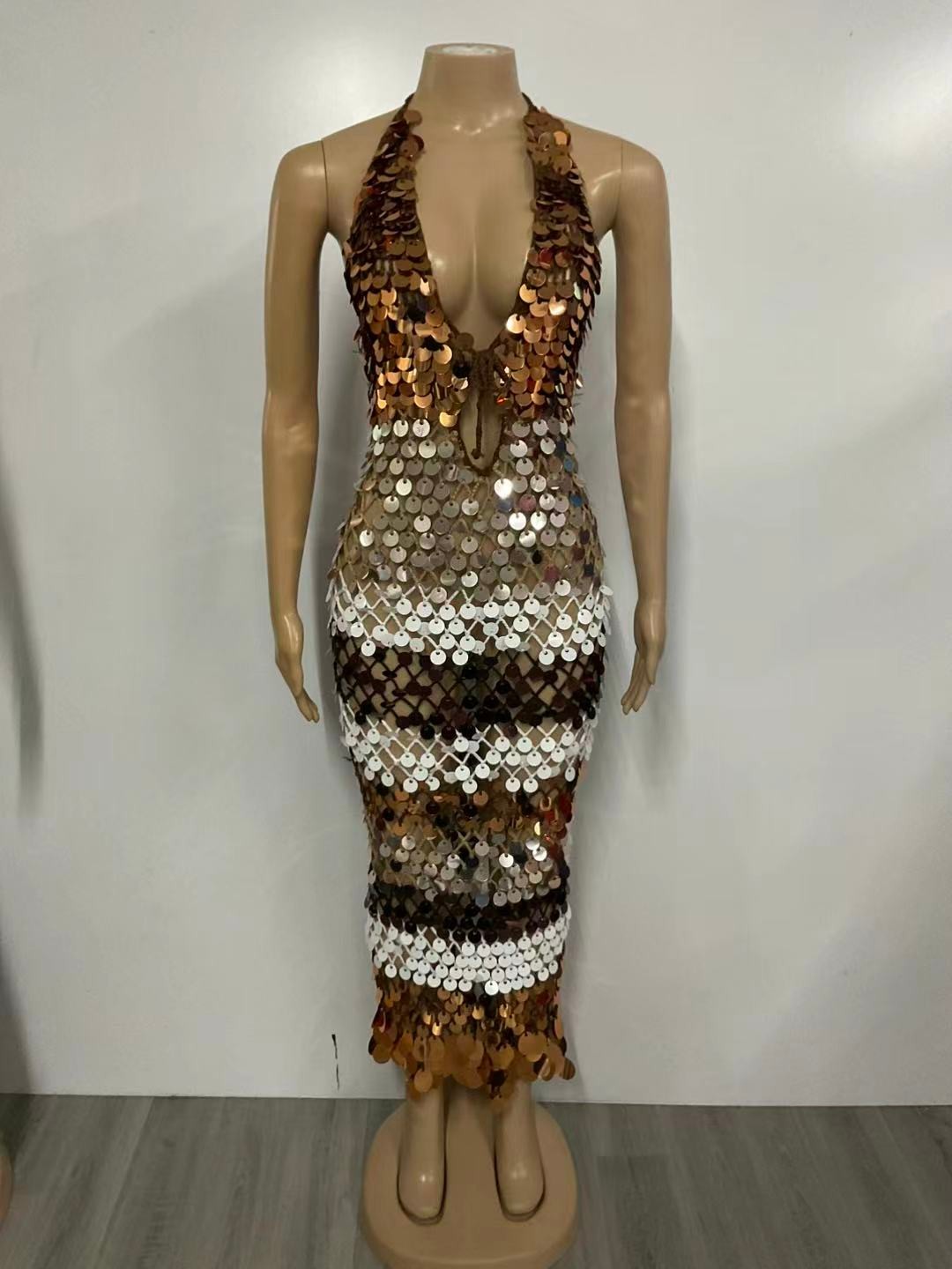 A Touch of Elegance Sequin Halter Dress- Brown/Multi