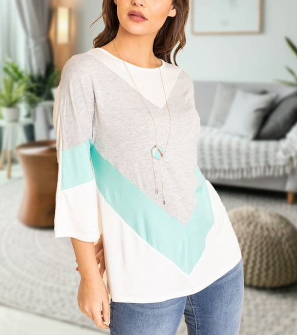 Chevron Bell Sleeve Color Block Top- 2 Colors