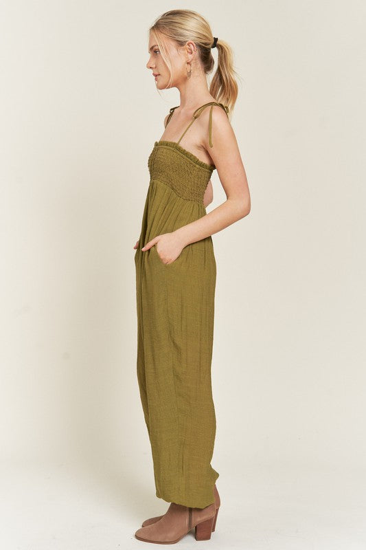 SMOCKED TIE STRAP JUMPSUIT-2 COLORS