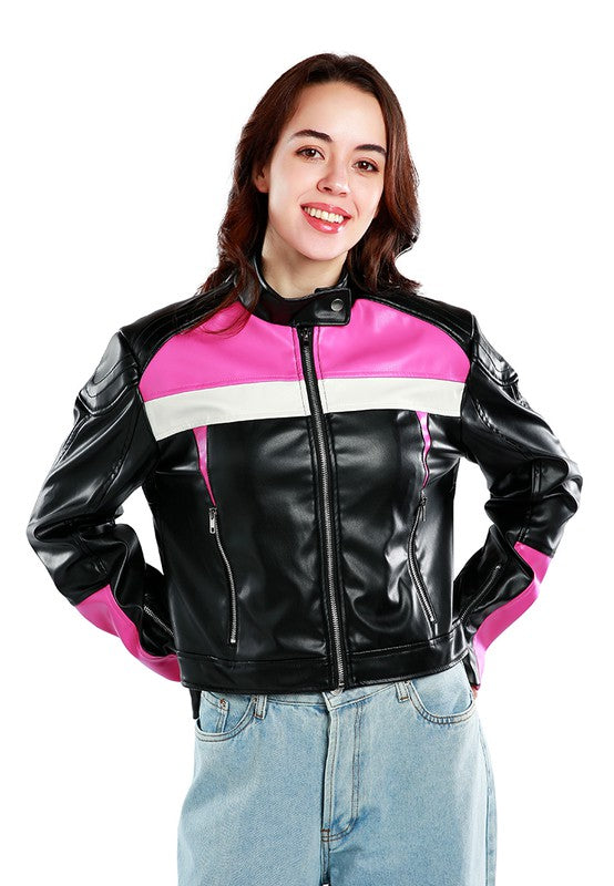 Color Block Faux Leather Biker Jacket