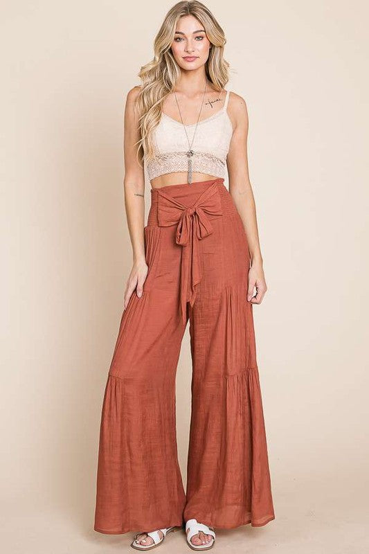 Plus Size Tie Front Ruched Waist Back Pants-3 Colors