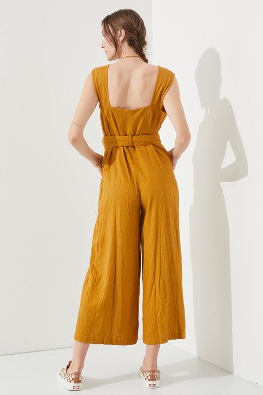 SLEEVELESS SQUARE NECK BUTTON DOWN ANKLE JUMPSUIT-BLACK OR MUSTARD