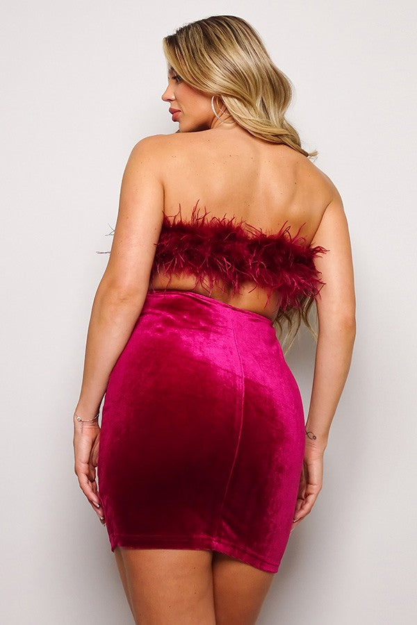 Fur Tipped Velvet Mini Dress- Burgundy