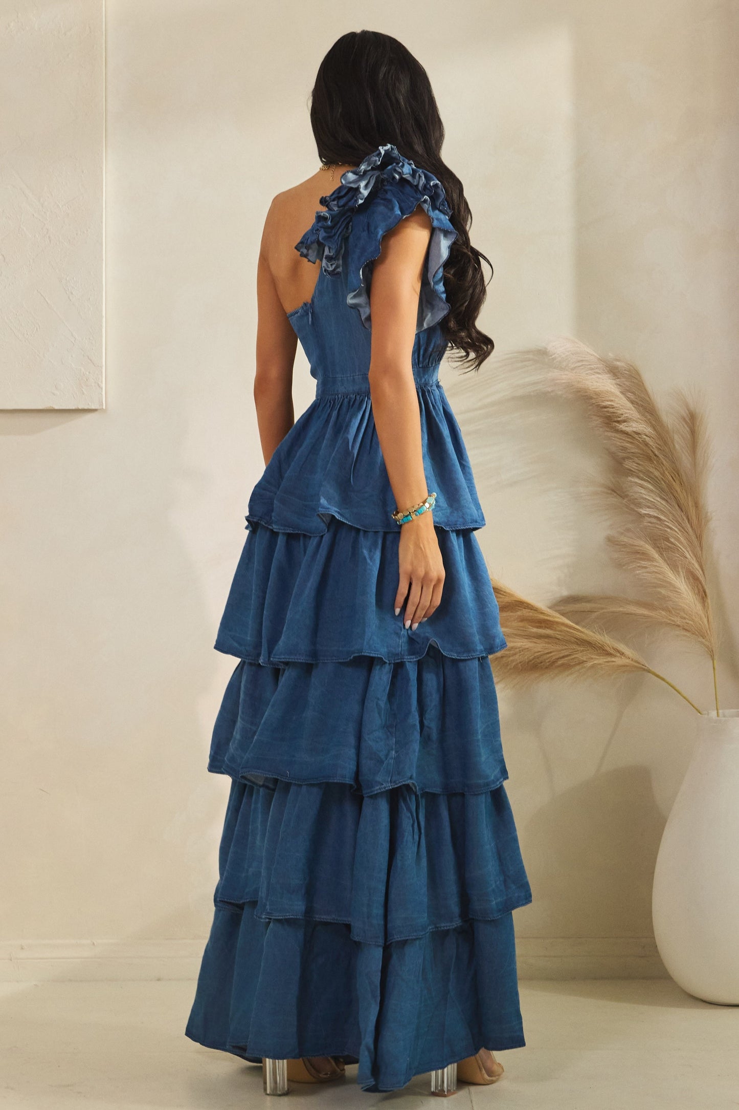 Denim Tiered Maxi One Shoulder Dress