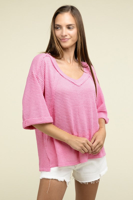 Brushed Waffle Exposed-Seam 3/4 Sleeve Top-6 Colors