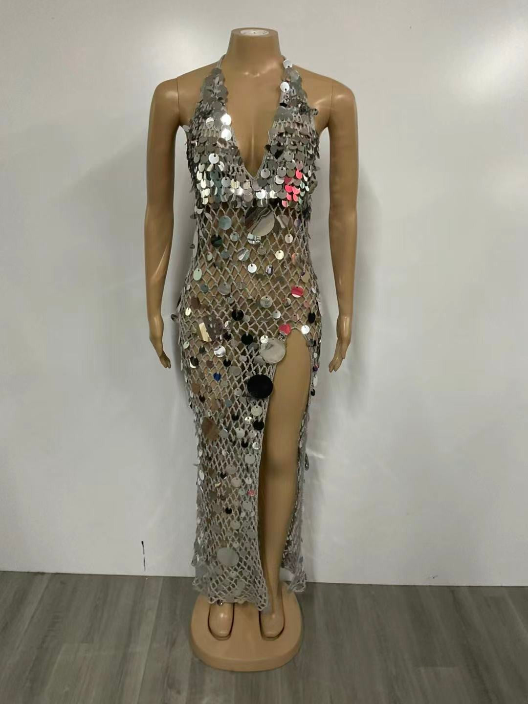 Enchanted Sequin High Leg Slit Halter Dress- Silver