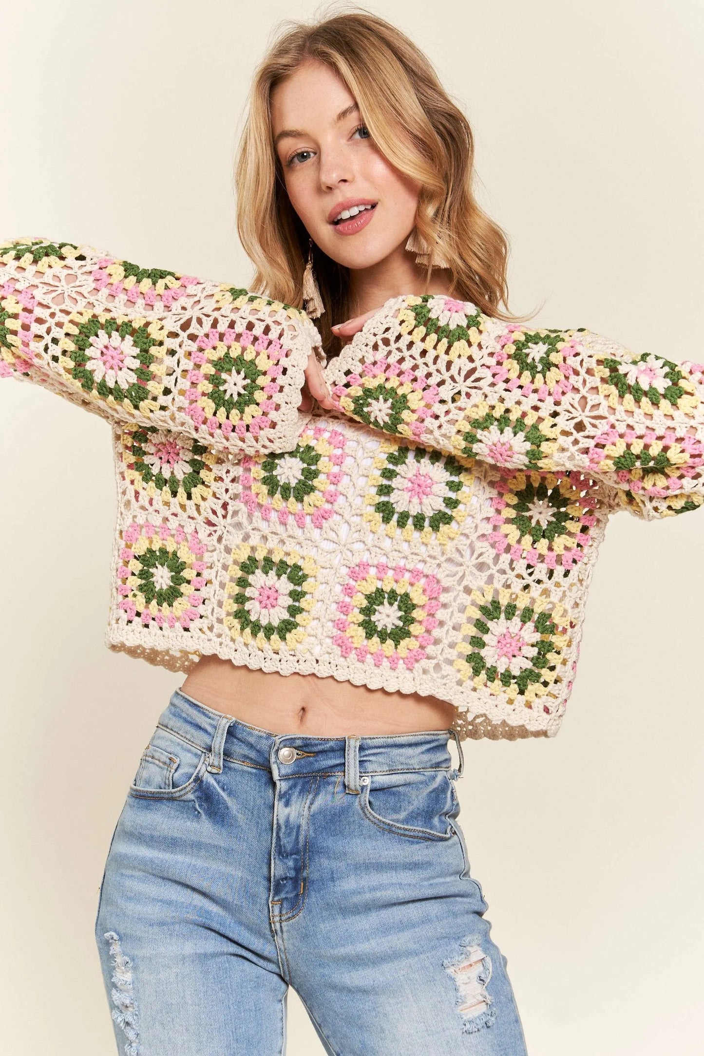 ADORA Multicolor Crochet Crop Top in Natural