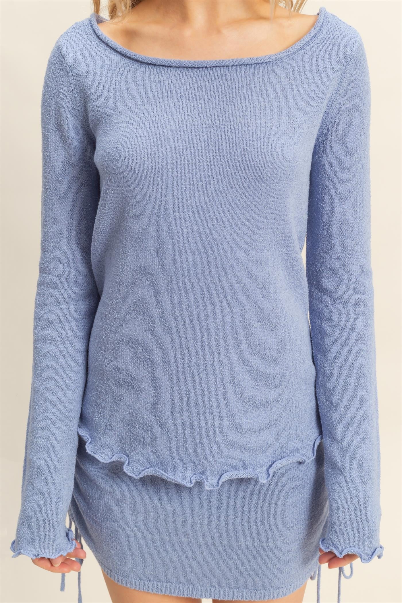 Chill Mode Long Sleeve Top & Ruched Laced Up Side Mini Skirt Set- Periwinkle