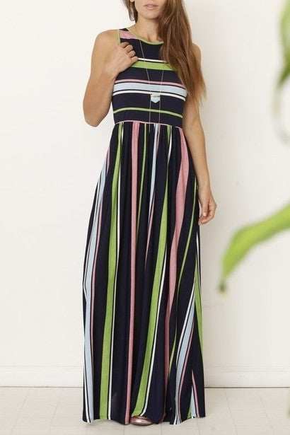 Multi Striped Maxi Dress w/ Hidden Pocket-2 Colors