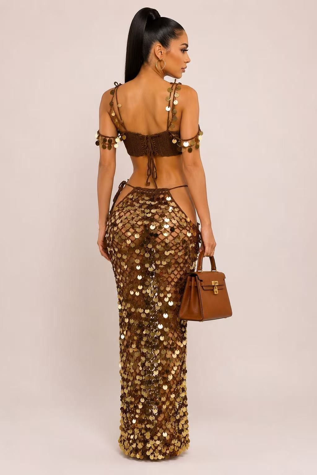 Tulum Morning Sequin Resort Skirt Set- Brown/Gold