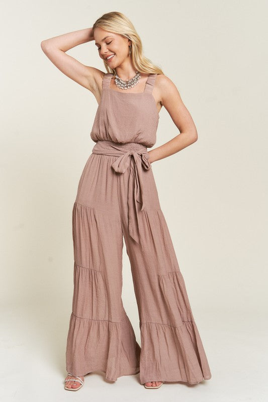 PLUS SIZE ELASTIC STRAP TIERED JUMPSUIT- 2 COLORS