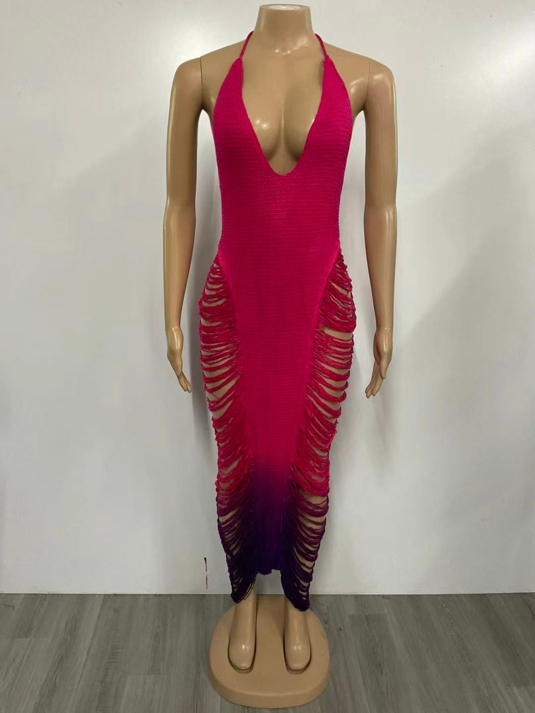 Fringe & Tassel Crochet Coverup Swimwear or Maxi Dress- Pink/Purple
