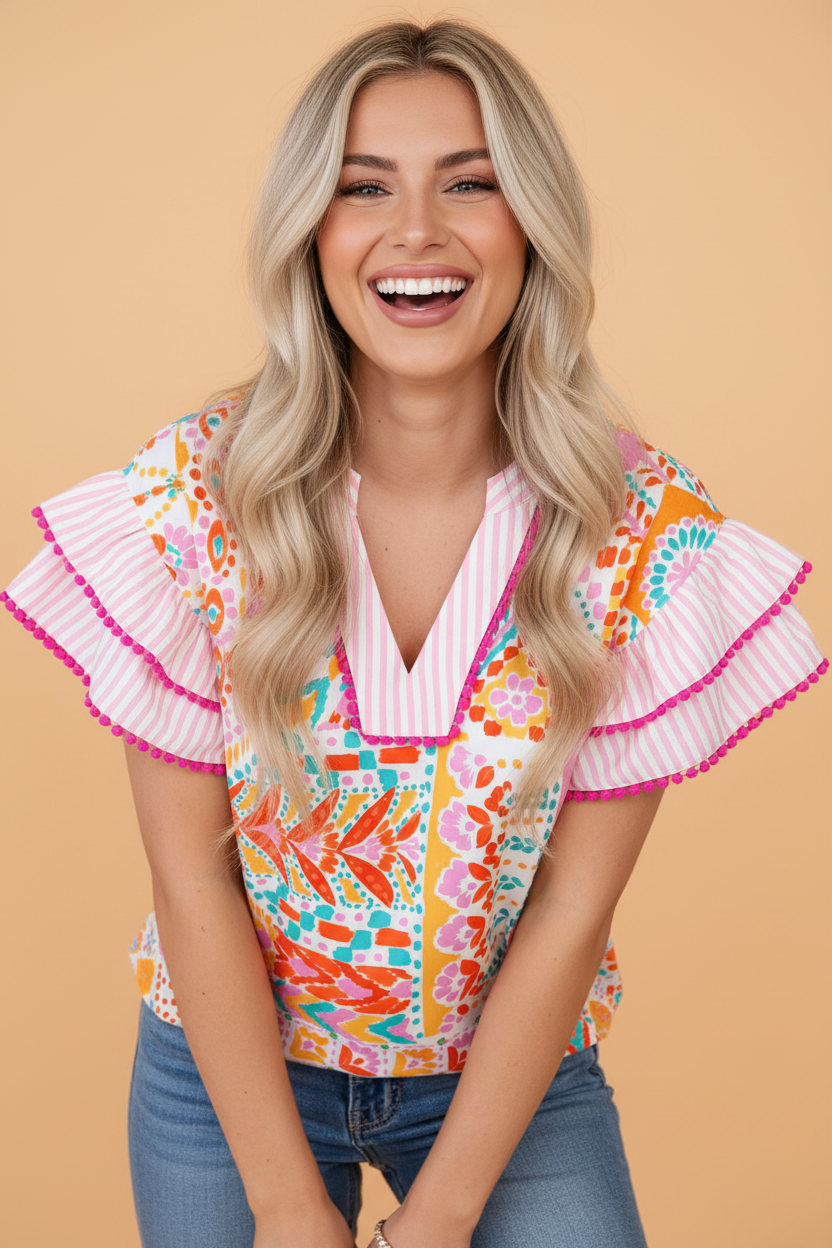 Boho Contrast Trim Patchwork Tiered Short Sleeve Blouse