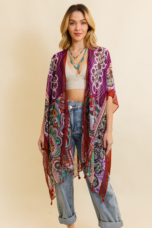 Paisley Print Open Front Kimono w/ Cinched Arms-3 Colors