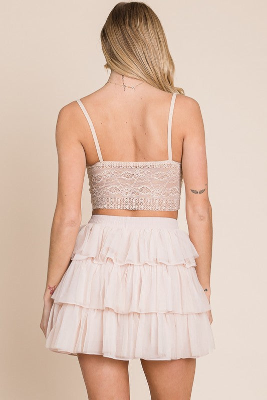 PLUS SIZE CREAM SOLID MESH TIERED MINI SKIRT