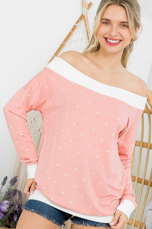 BLUSH POLKA DOT OFF SHOULDER TUNIC TOP
