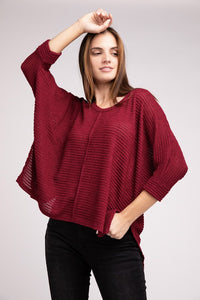 3/4 Sleeve V-Neck Hi-Low Hem Jacquard Sweater Top-6 Colors