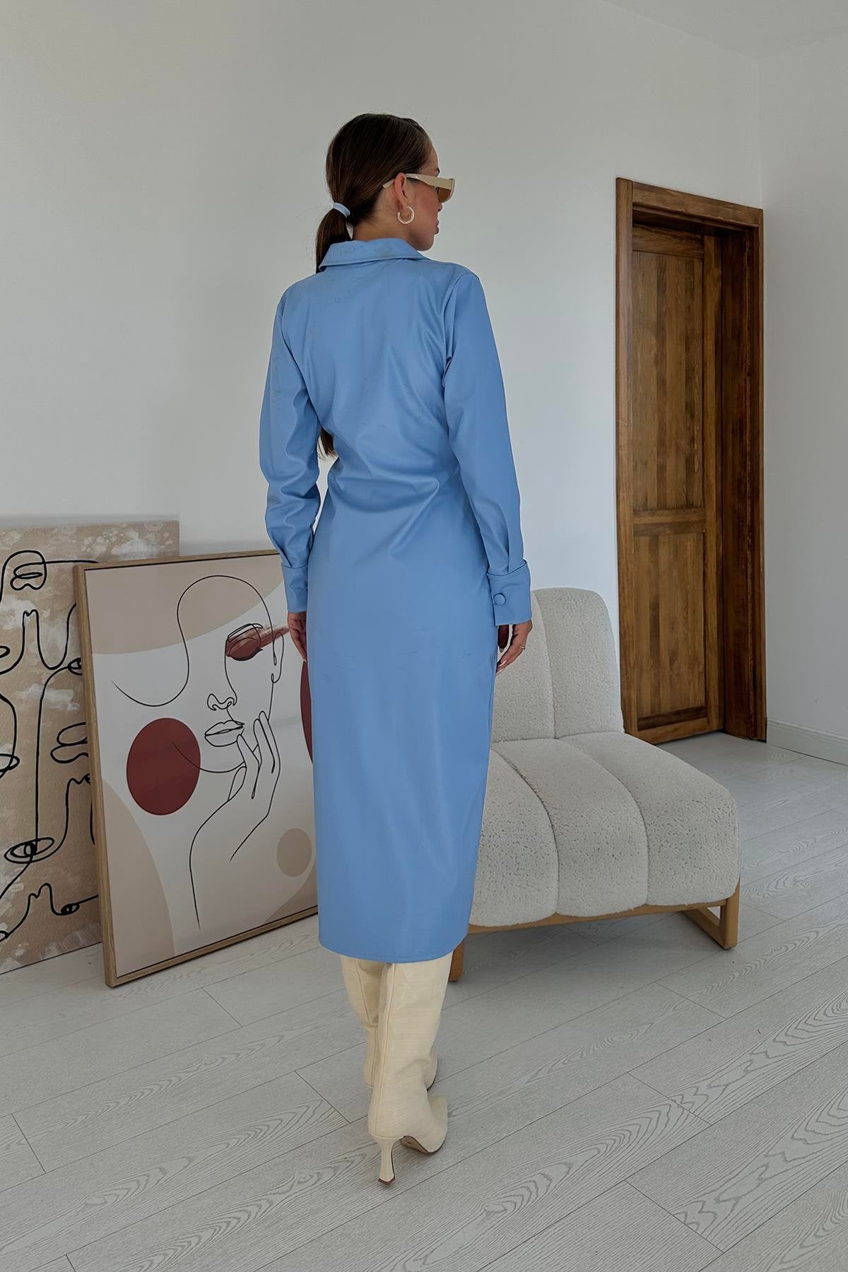 Buttoned Leather Midi Dress- Blue