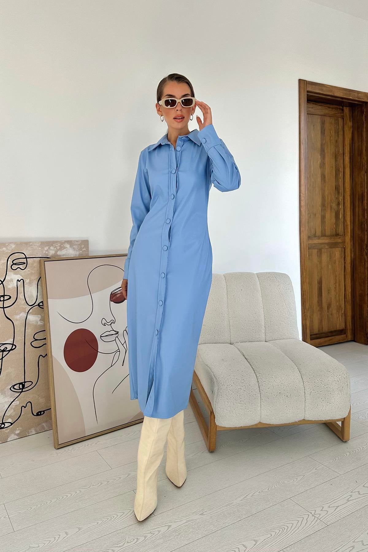 Buttoned Leather Midi Dress- Blue