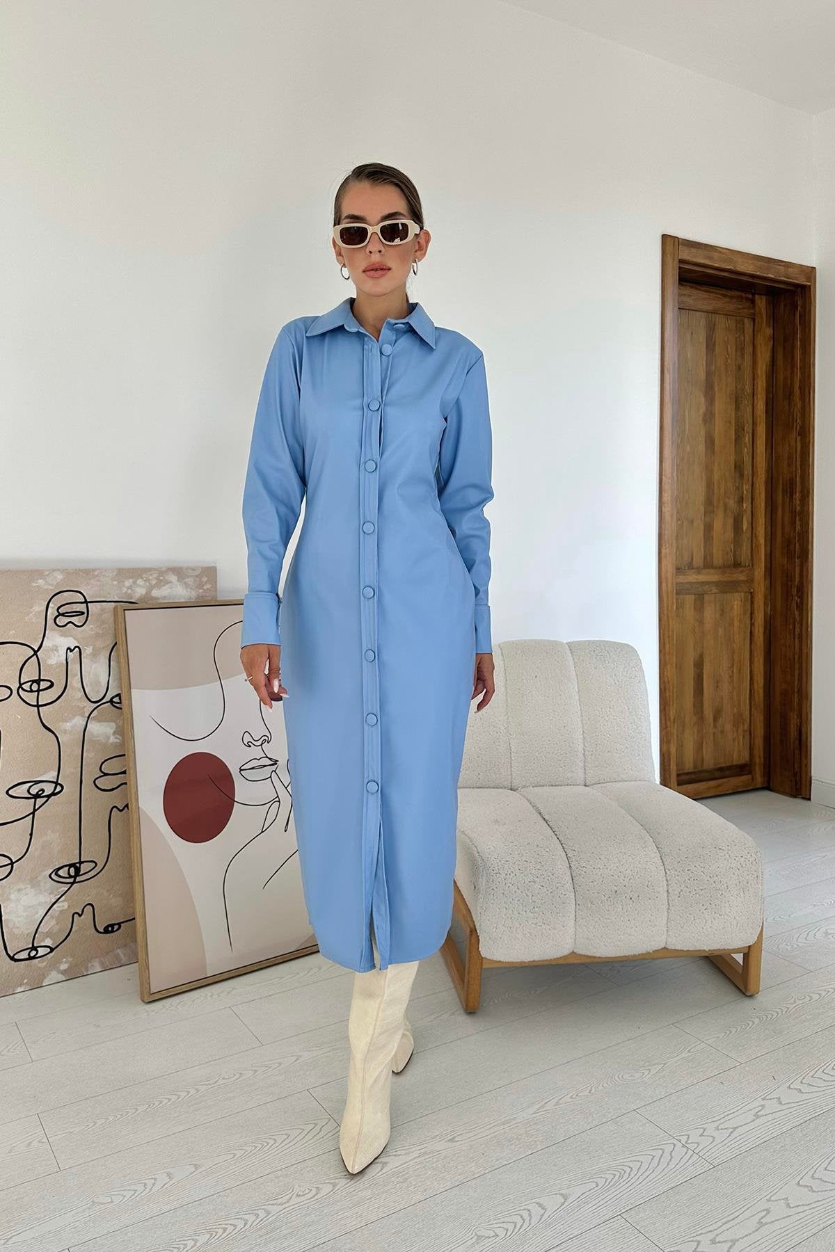 Buttoned Leather Midi Dress- Blue