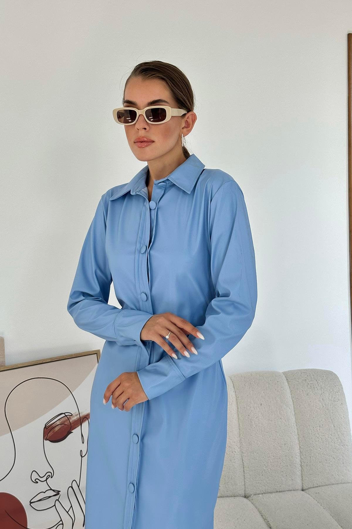 Buttoned Leather Midi Dress- Blue