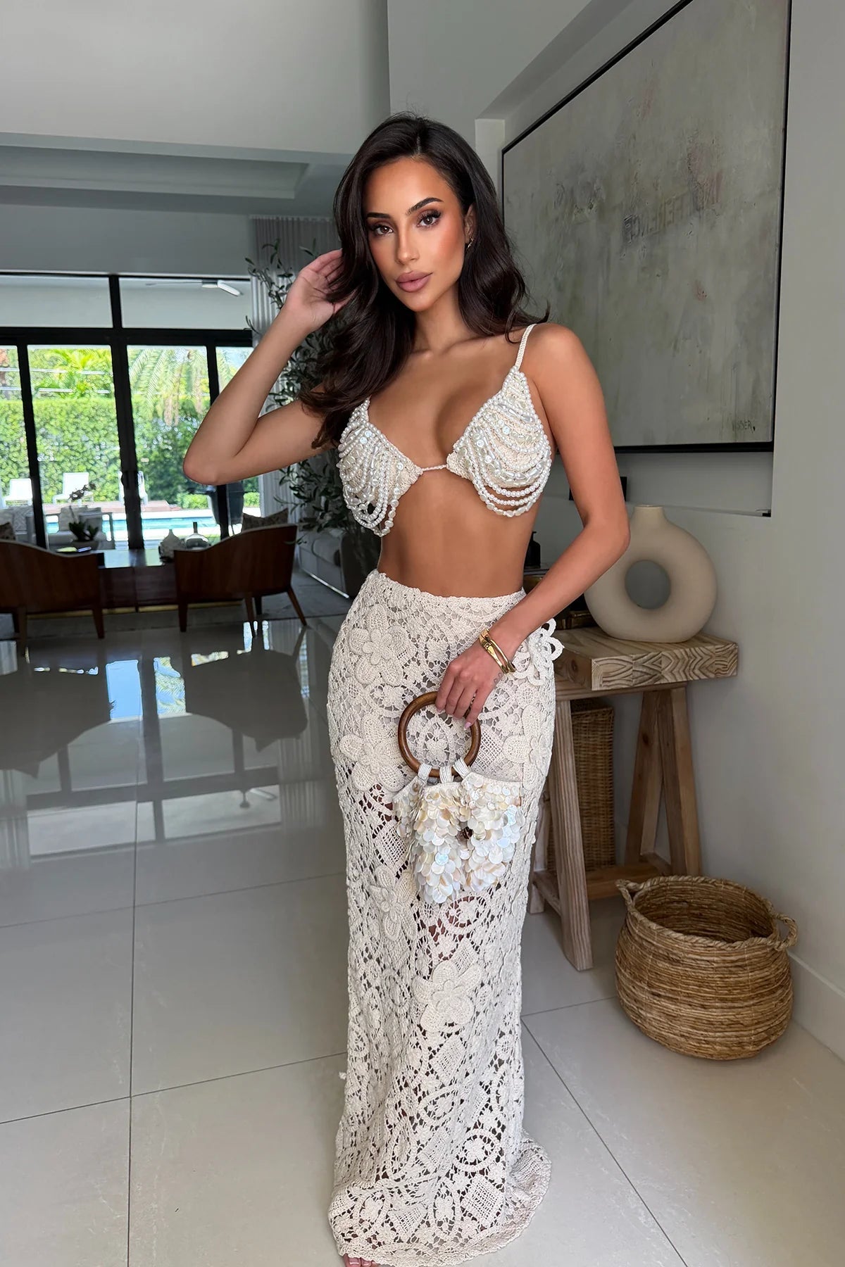 Pearl Embellished Skirt Set- Ivory