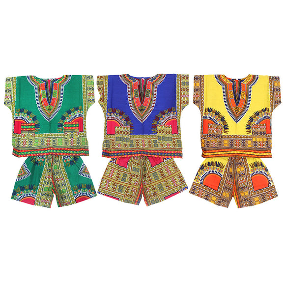 Assorted Set of 3 Kids Dashiki & Shorts Set - FREE SIZE