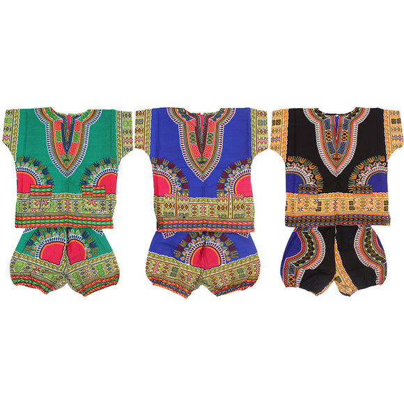 Assorted Set Of 3 Child Dashiki & Elastic Cuff Shorts Sets - FREE SIZE