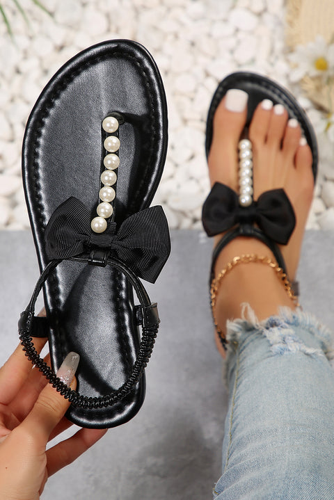 Cute Bowknot Pearl Embellished T-strap Sandals
