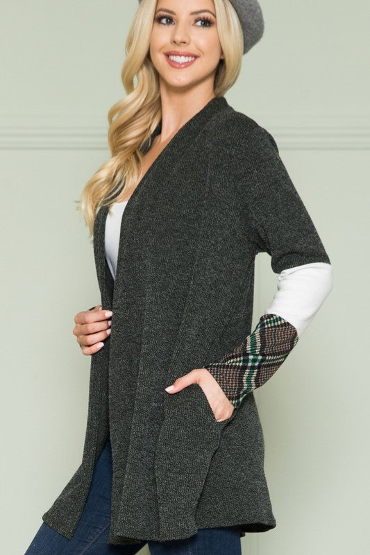 Plus Size Solid Plaid Contrast Long Sleeve Cardigan- 2 Colors