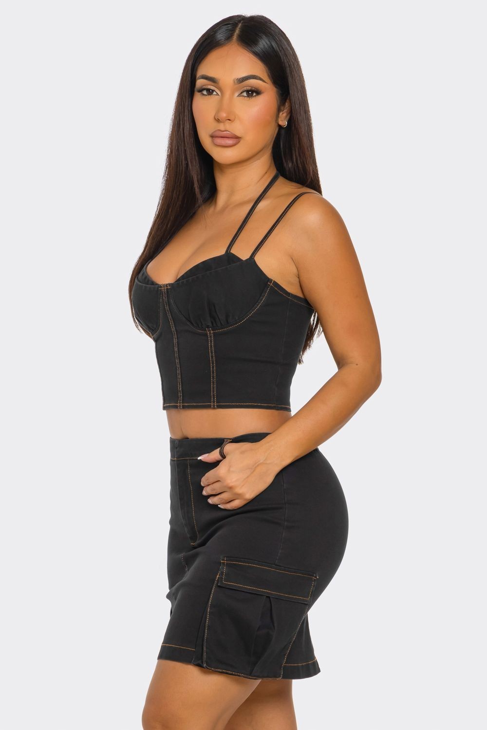 Bringing the Fun Denim Mini Skirt, Cropped Top , & Jacket Set- Black