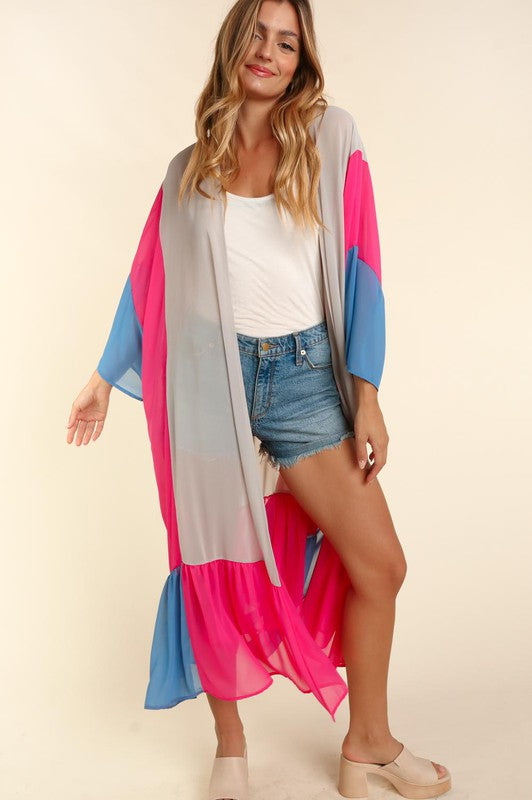 PLUS SIZE COLOR BLOCK KIMONO MAXI OPEN CARDIGAN