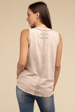Washed Half-Button Raw Edge Sleeveless Henley Top- 3 Colors