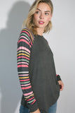 PLUS SIZE MULTI STRIPE PRINT AND SOLID MIXED CASUAL TOP- 2 COLORS