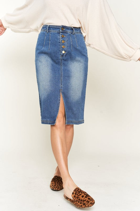 Denim Buttoned Knee Length Skirt