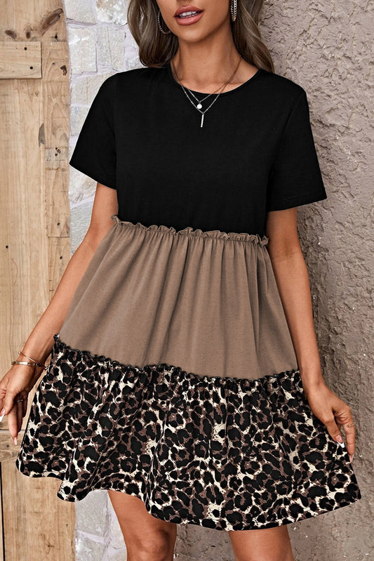 Leopard Print Color Block Frill Trim T-Shirt Dress