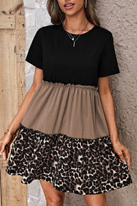 Leopard Print Color Block Frill Trim T-Shirt Dress
