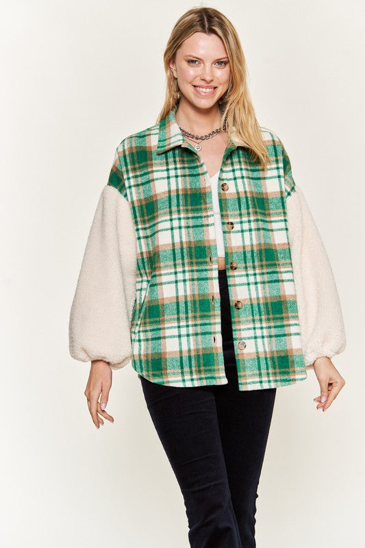 Plus Size Multi Plaid Fuzzy Sleeve Jacket