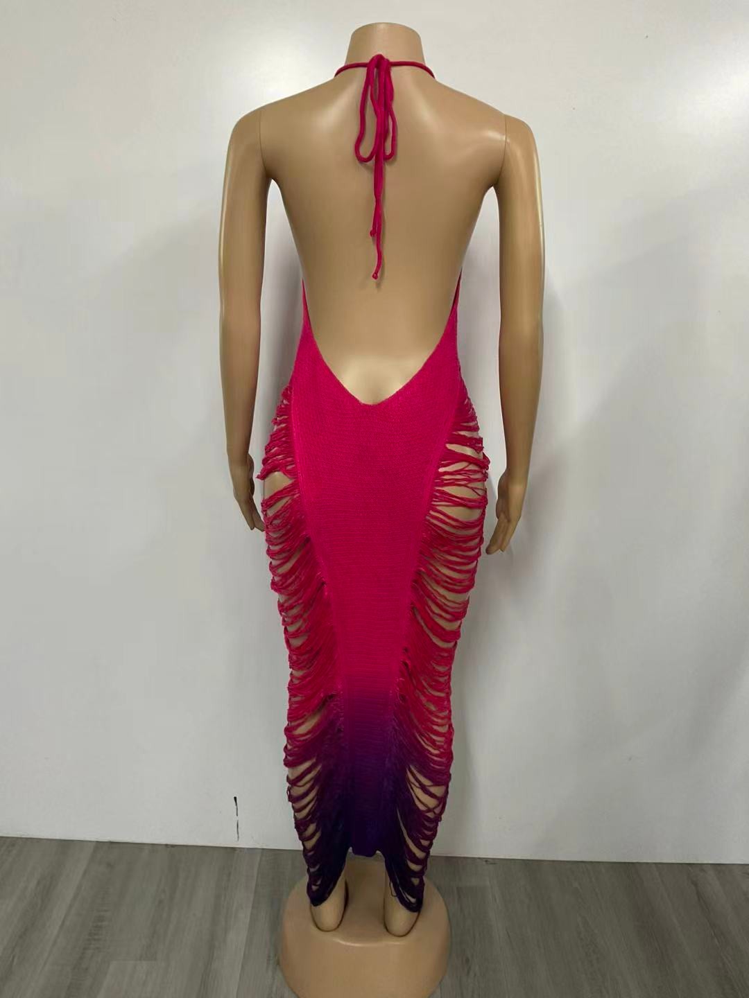 Fringe & Tassel Crochet Coverup Swimwear or Maxi Dress- Pink/Purple